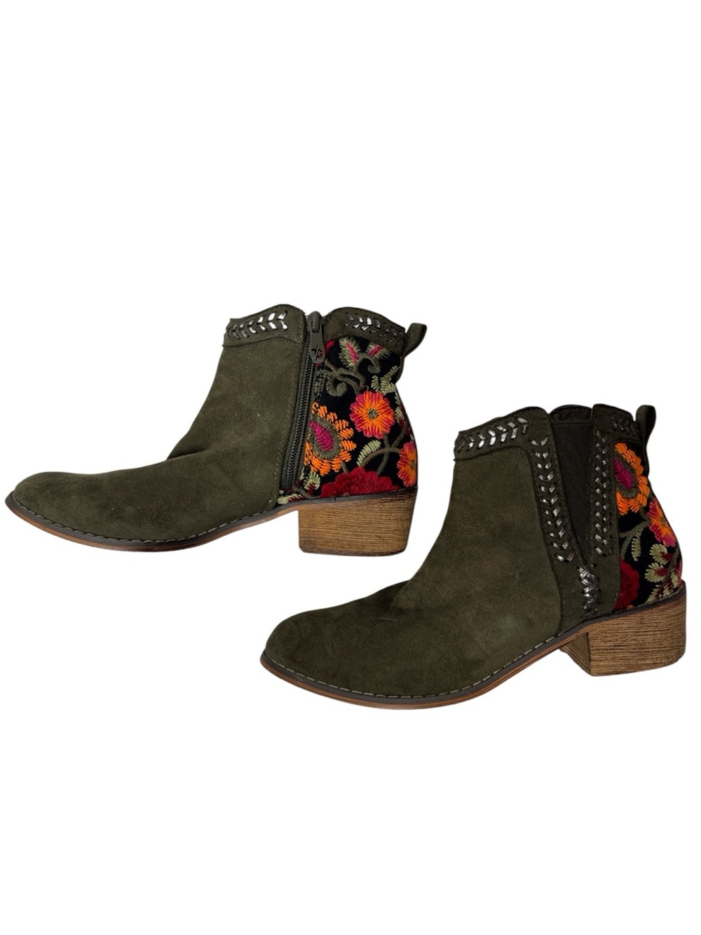 Women's Olive Green Suedeโ Ankle Boots with Embroidered Detail. Size 36.
